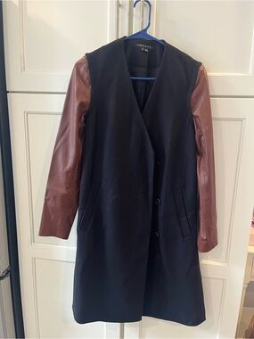 Theory Black Wool Coat with Brown Leather detachable Sleeves